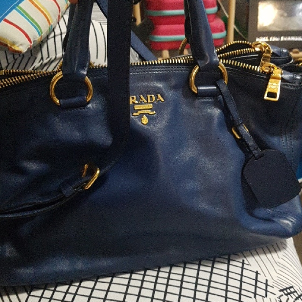 Prada Dark Blue Leather Shoulder Bag with Gold Accents